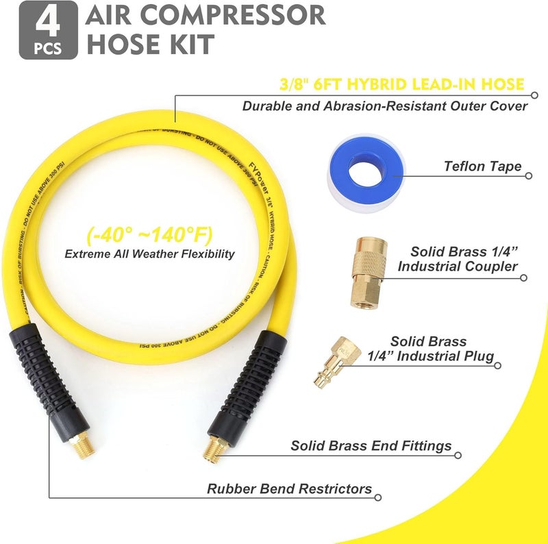 FYPower Air Compressor Whip Hose 3/8 Inch x 6 Feet Lead in Hybrid Hose with Fittings, Flexible and Kink Resistant, 1/4" Industrial Quick Coupler and Plug Kit - Yellow - Image 2